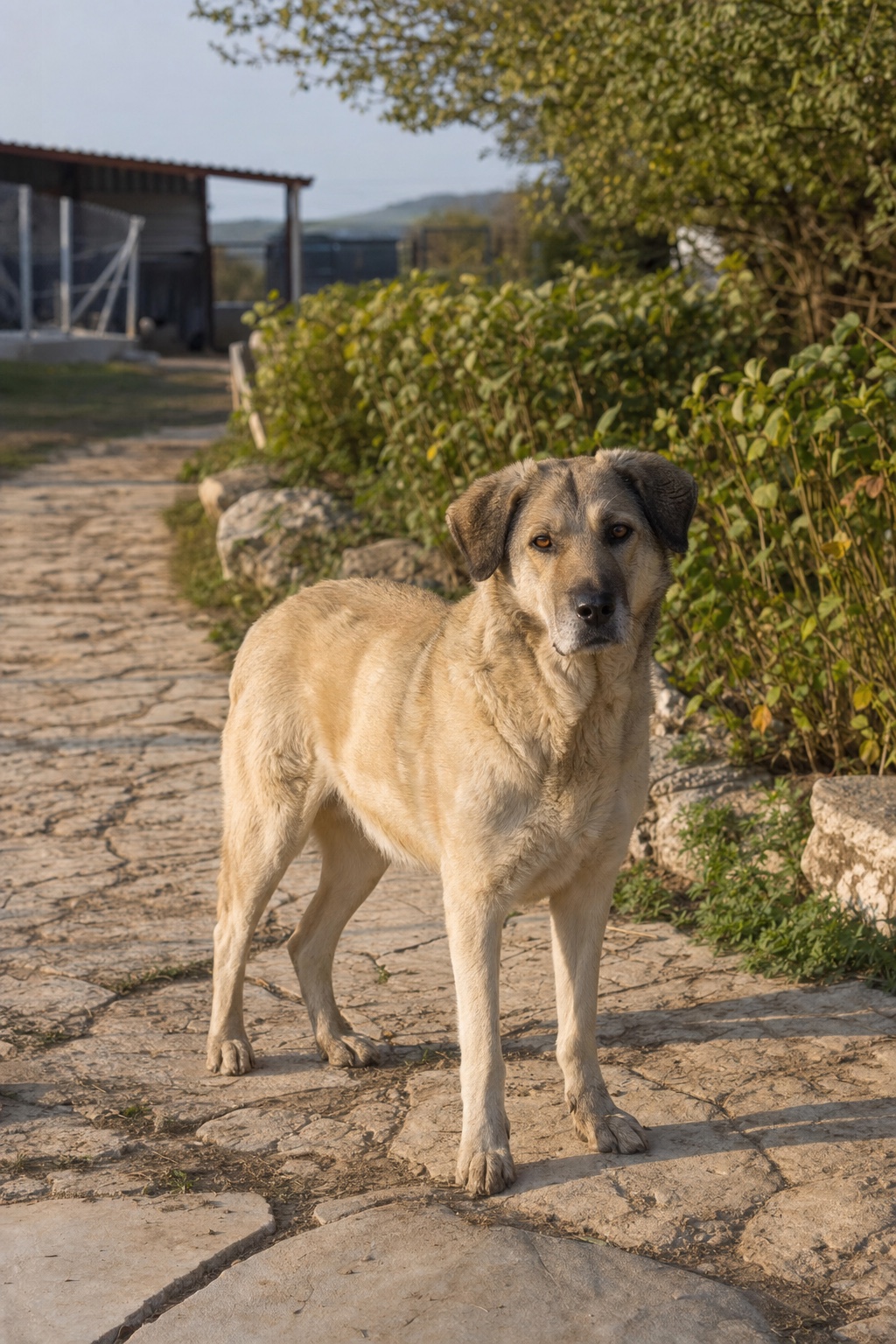 Yaşam alanı bahçesinde duran sahipsiz köpek