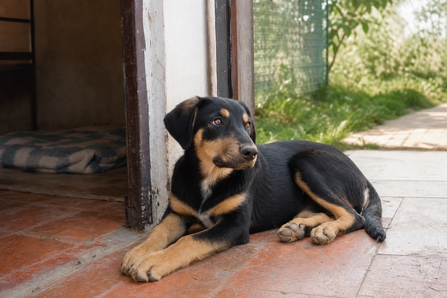 Yaşam alanının girişinde dinlenen genç köpek